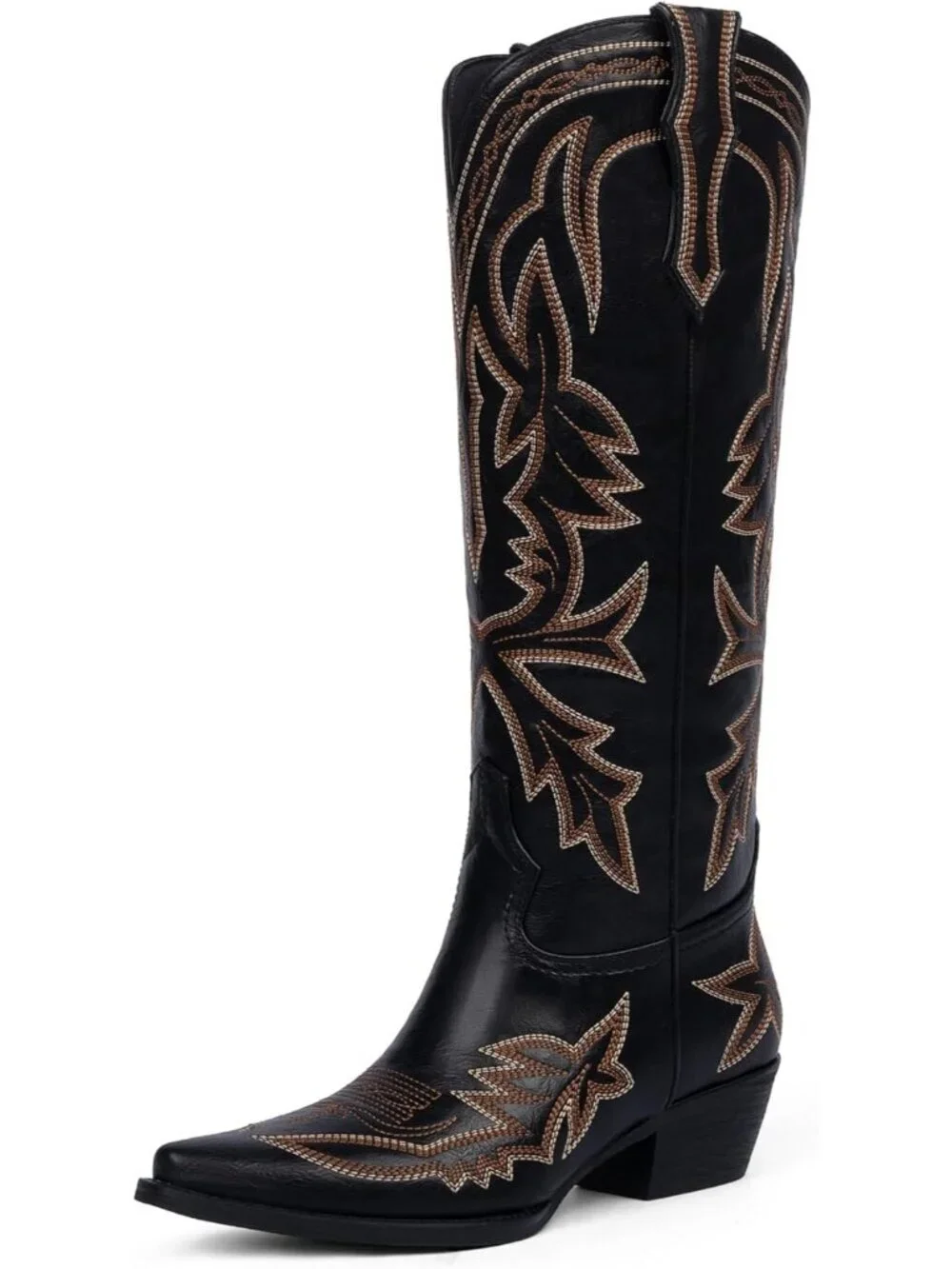 Women's Black Knee High Boots Embroidered Pull on Pointed Toe Chunky Heel